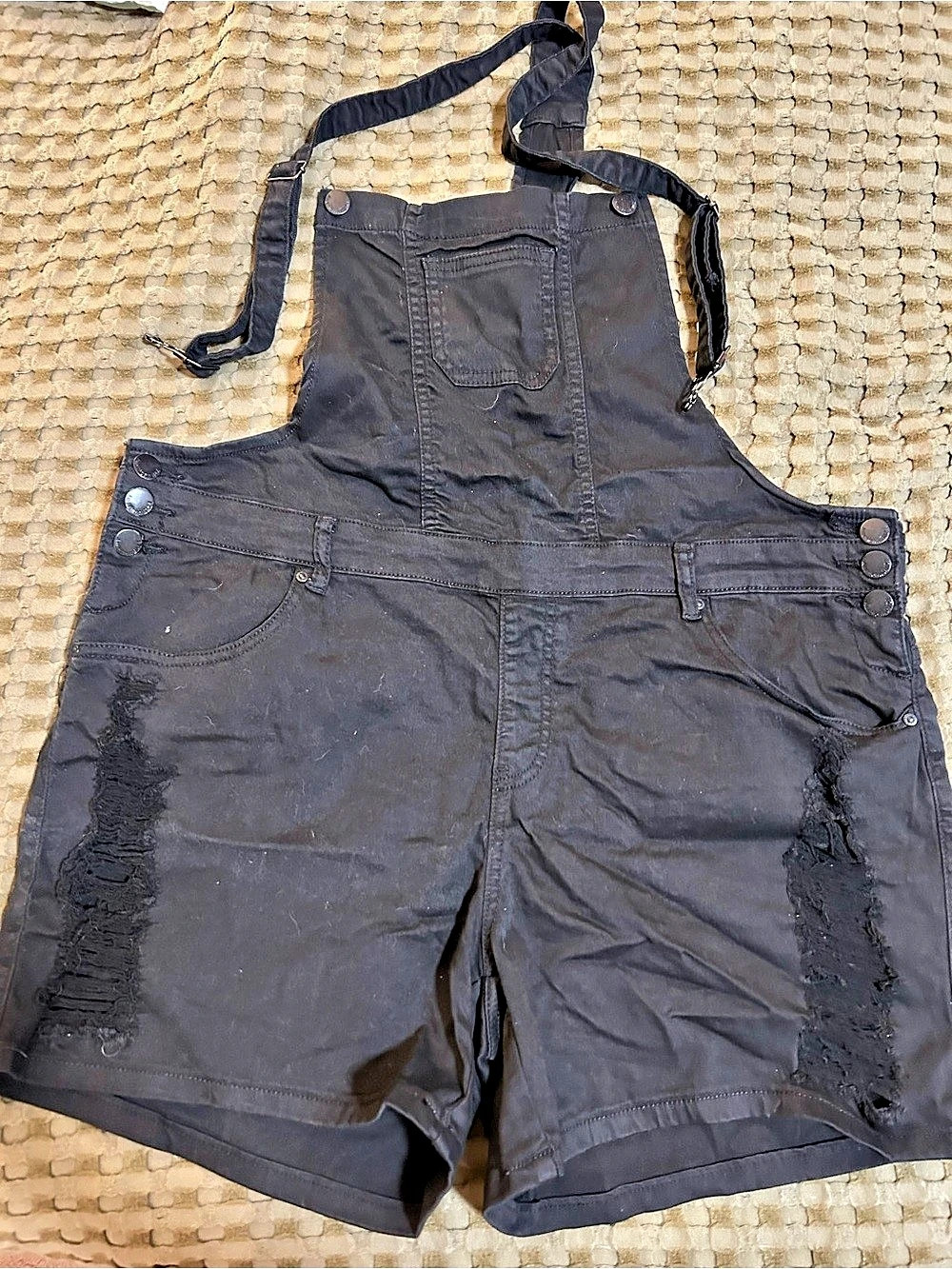 Black Distressed Short Overalls